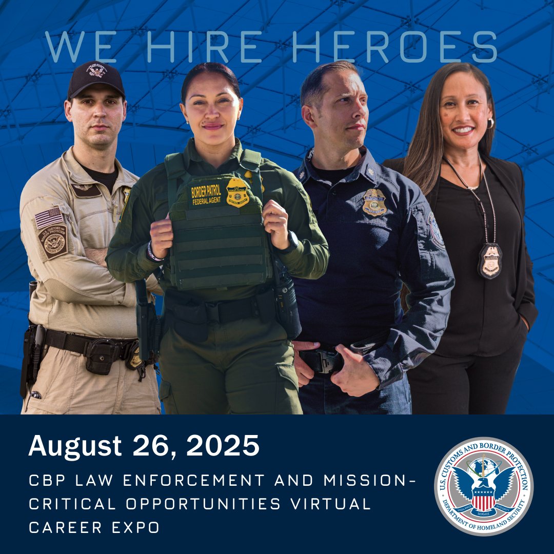 Ready to make a difference?

Join CBP’s Virtual Career Expo on Aug 26, 11 AM – 3 PM ET to explore law enforcement and mission-critical roles, from Border Patrol Agents to Criminal Investigators 
📷 Students and recent grads welcome! 📷 

Register: app.brazenconnect.com/events/PDzvJ?u…
