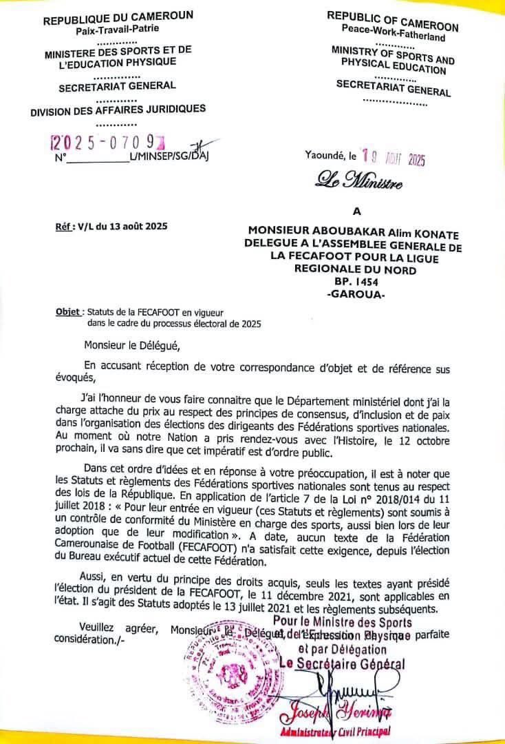 🔵 𝐒𝐀𝐌𝐔𝐄𝐋 𝐄𝐓𝐎’𝐎 𝐄́𝐂𝐀𝐑𝐓𝐄́ 𝐃𝐄 𝐋𝐀 𝐂𝐎𝐔𝐑𝐒𝐄 𝐀̀ 𝐋𝐀 𝐅𝐄́𝐂𝐀𝐅𝐎𝐎𝐓 ! 

Le Ministère des Sports rappelle que les statuts en vigueur sont ceux du 13 juillet 2021, ayant servi lors de l’élection du 11 décembre 2021.
👉 Selon ces textes, toute personne