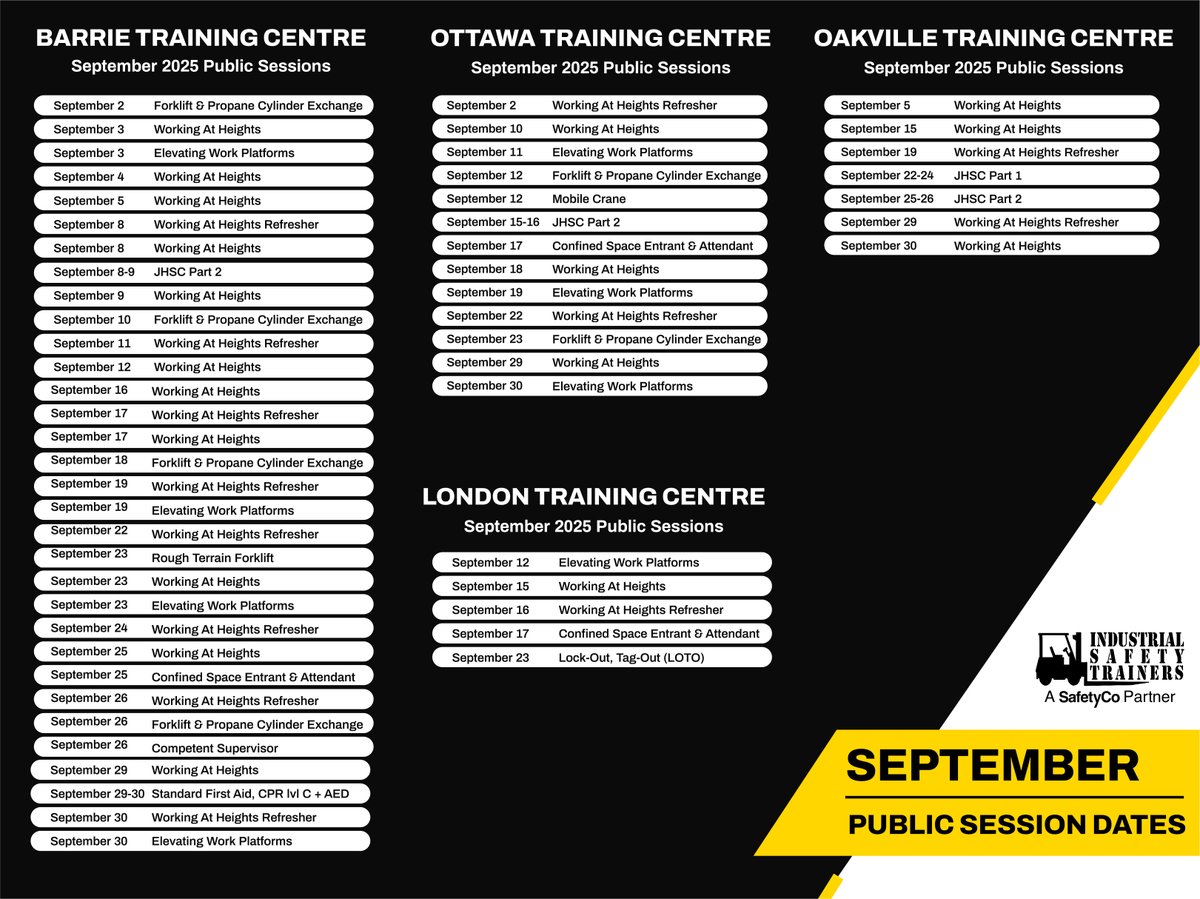 🍂 Fall into Safety this September!

Summer’s winding down, and it’s the perfect time to refocus on workplace safety. 

📍 In-person courses offered across Ontario

🔗 Register: istcanada.ca
 📞 1-800-219-8660
 📧 hello@istcanada.ca