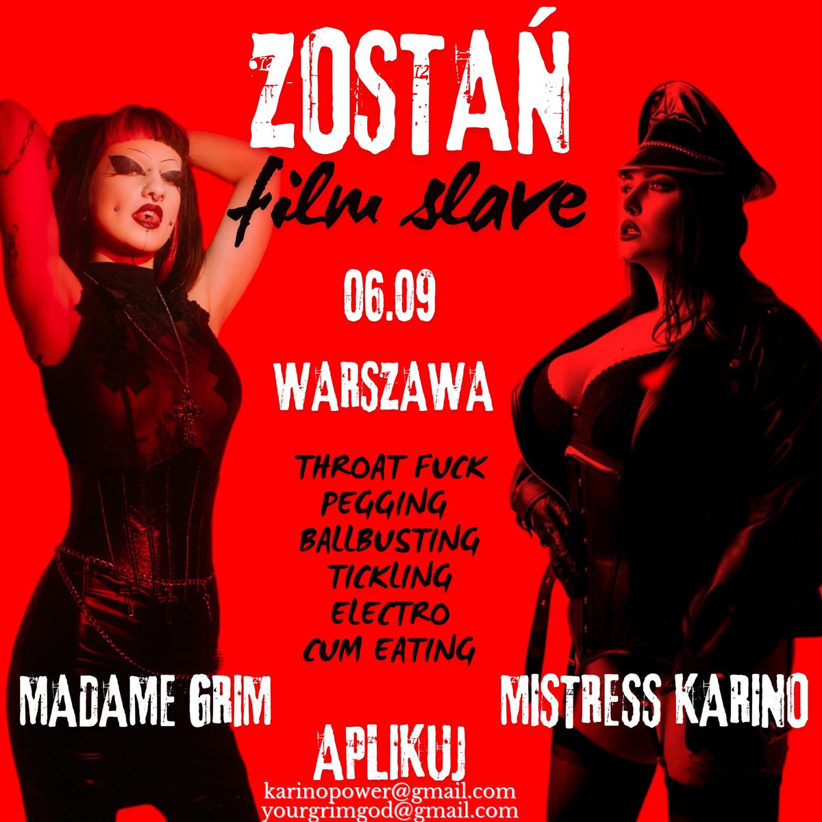 🌶️ FILM SLAVE

Klęknij u boku mojego i <a href="/Mistress_Karino/">⛓️LONDON 13-16.01⛓️ Mistress Karino</a> podczas nagrywek 6.09 w WARSZAWIE

Nagrania w masce!

Prześlij listę praktyk (preferowane podane na plakacie), zdjęcie sylwetki oraz napisz jakie masz doświadczenie.

Aplikuj przez email yourgrimgod@gmail.com