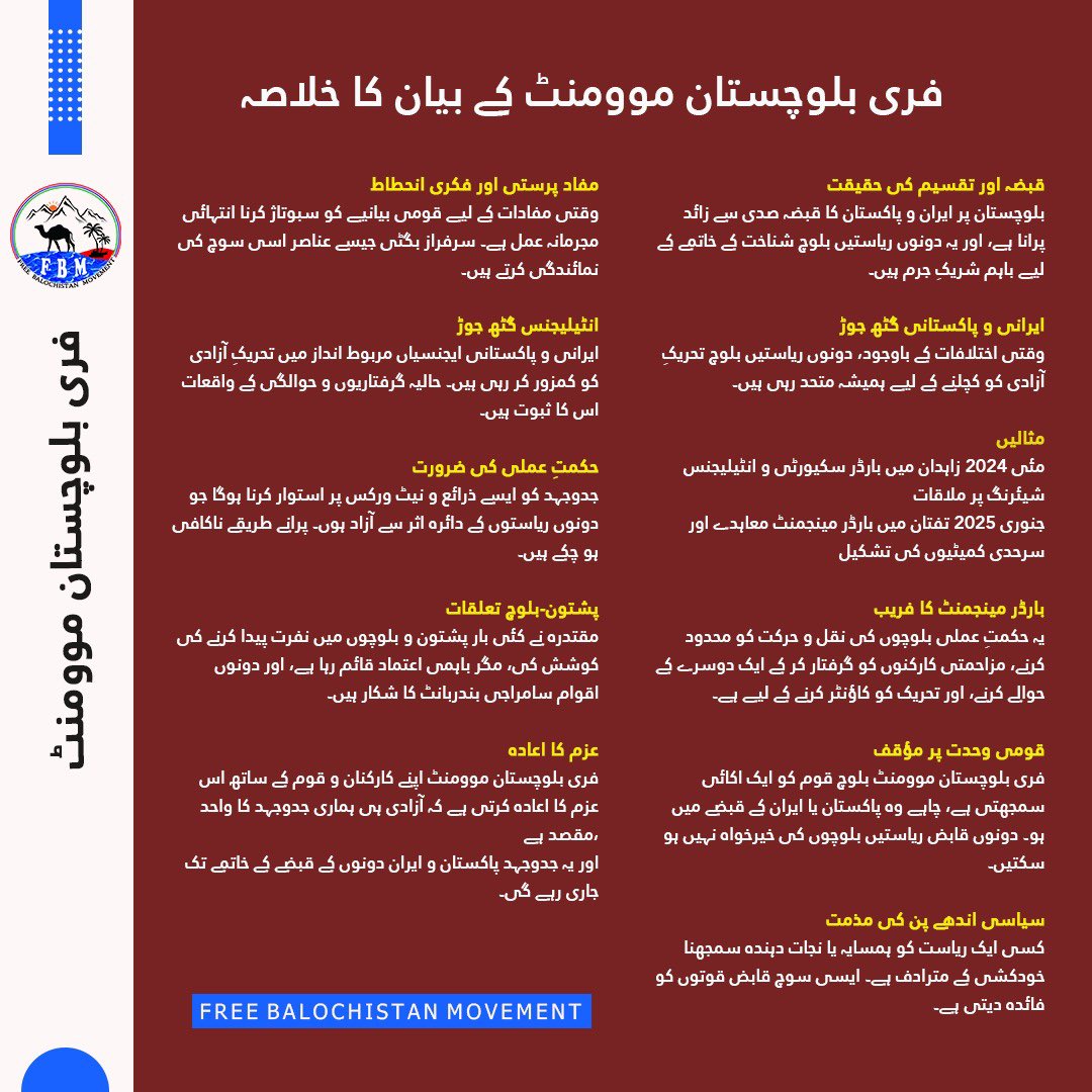 فری بلوچستان موومنٹ کے بیان کا خلاصہ