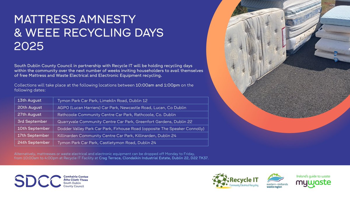 In partnership with <a href="/socialrecycleit/">Recycle IT</a> SDCC will be holding Community Recycling Days over the coming weeks.

Residents can bring:

✅ Mattresses (free recycling)

✅ Waste electrical and electronic equipment (WEEE)

This is a great opportunity to clear out unwanted items