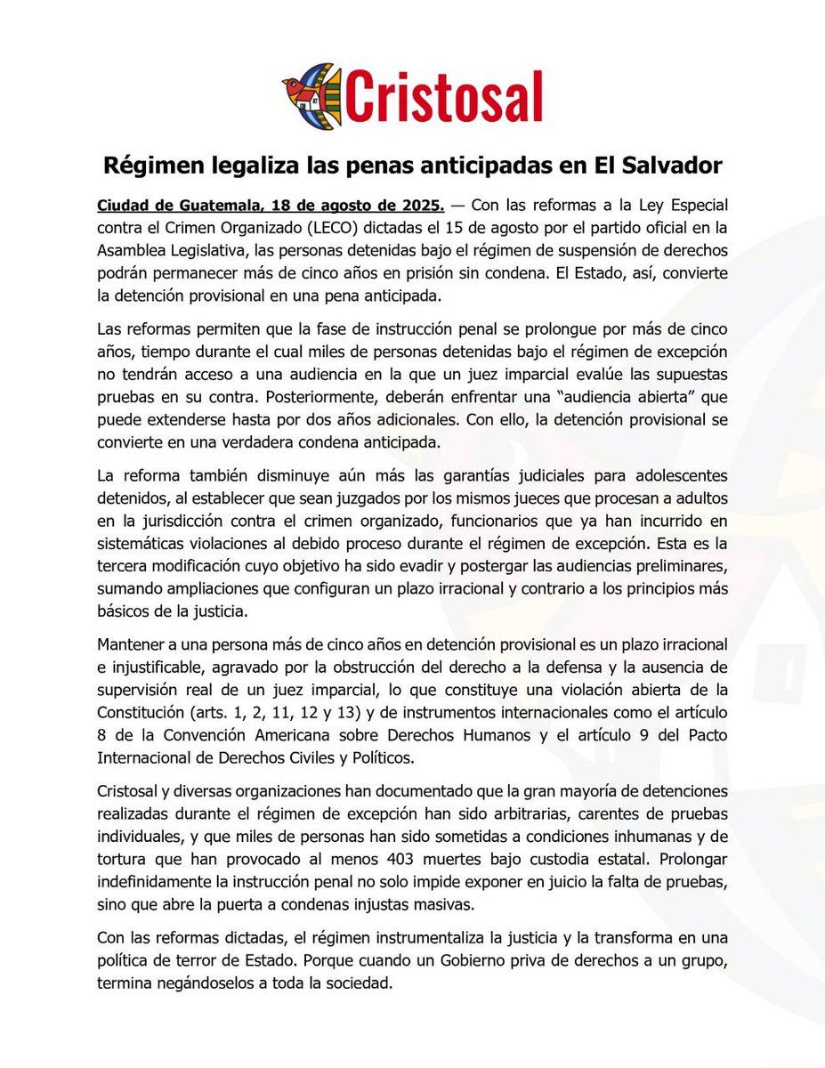 DiarioCoLatino's tweet photo. #Ahora || 
Fundación Cristosal asegura que con las recientes reformas a la Ley Contra el Crimen Organizado, aprobadas por Nuevas Ideas, “una persona inocente que fue capturada al inicio del régimen de excepción podría pasar más de 5 años en prisión sin estar condenada”. https://t.co/BEuNhtwPFg