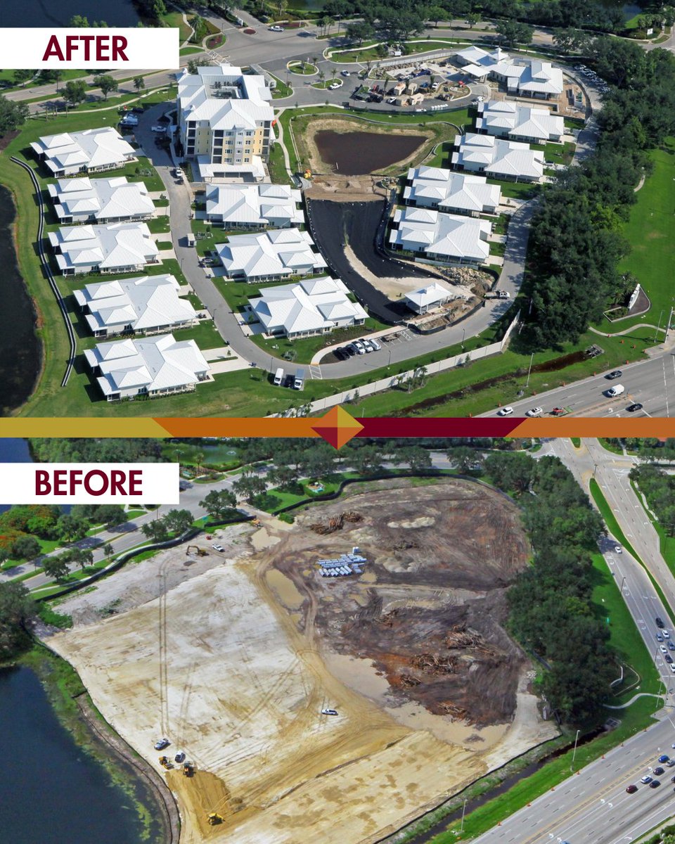 Check out this bird's eye Before &amp; After of The Oaks at Cypress Cove! 

What started as a blank canvas off of Bass Road is now a stunning community of 24 villas, a 24-unit mid-rise, and clubhouse. Visit our website to learn more about this project! 

👉 christelconstruction.com/project/the-oa…