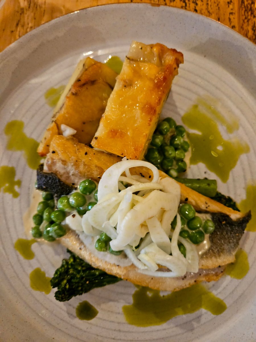 This week's catch. Pan fried sea bass with potato parve, tenderstem, pea fricassee, fennel ceviche and wild garlic oil. Book via our website thediningroom121.co.uk or give us a call on 01332 613991 #glutenfree #supportlocal #glutenfriendly #derby #restaurant #visitderbyshire