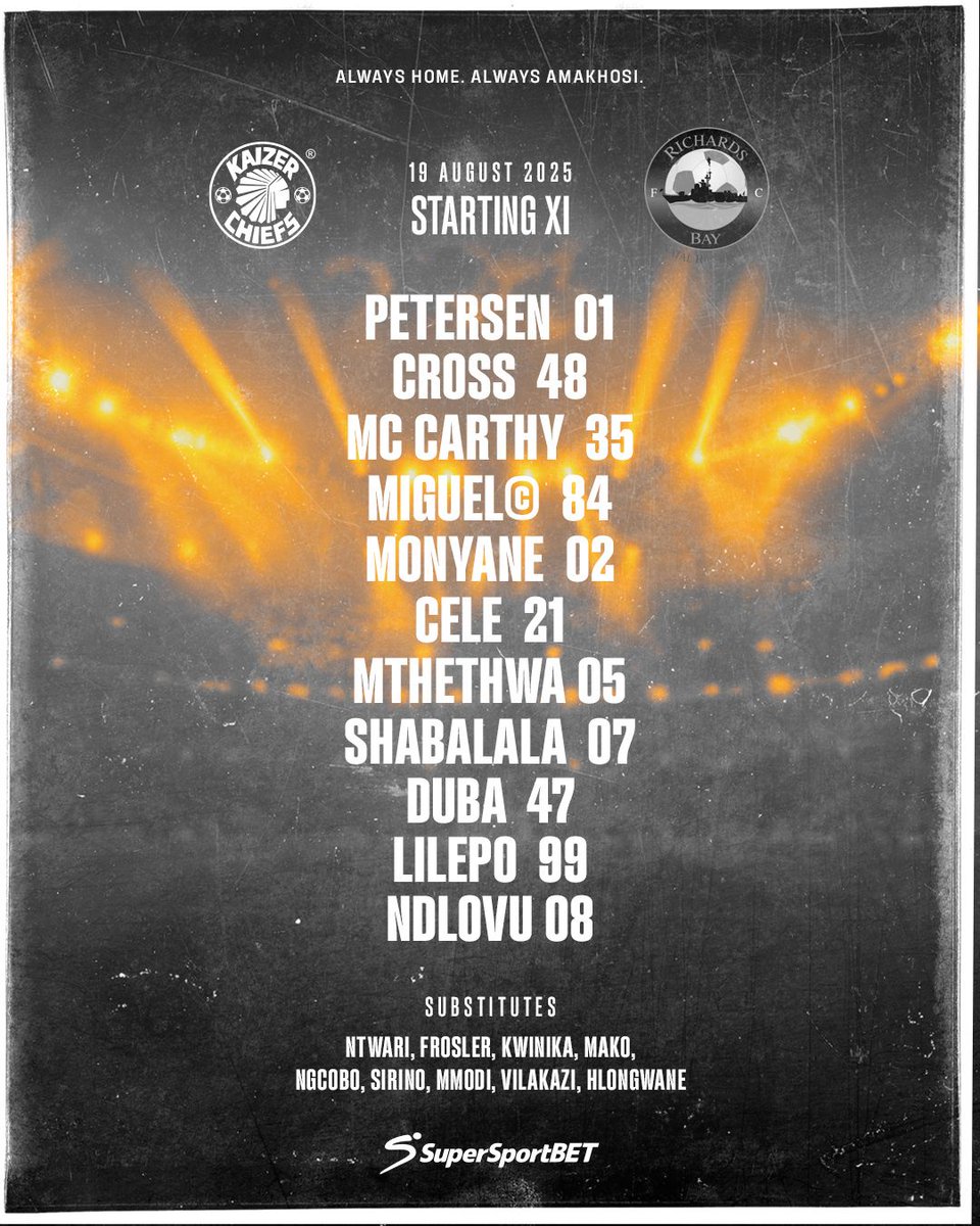 Betway Premiership: Kaizer Chiefs vs. Richards Bay FC

Starting 11: Petersen, Cross, McCarthy, Miguel ©, Monyane, Cele, Mthethwa, Ndlovu, Shabalala, Duba, Lilepo

Subs: Ntwari, Frosler, Kwinika, Mako, Ngcobo, Sirino, Mmodi, Vilakazi, Hlongwane

Coaches: Khalil Ben Youssef, Cedric