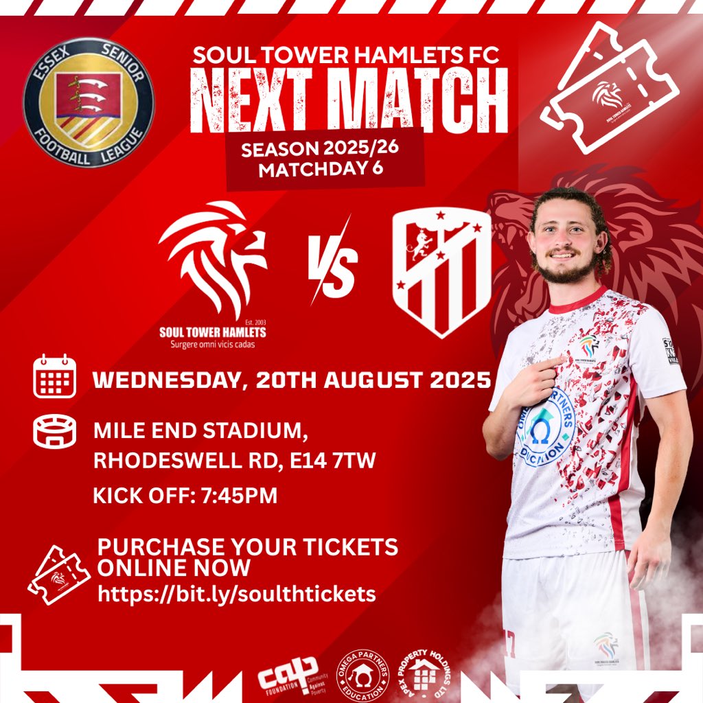 🔥 NEXT MATCH 🔥

We go again under the Mile End lights!

🆚 Athletic Newham
📅 Wednesday, 20th August 2025
⏰ Kick-off: 7:45 PM
🏟️ Mile End Stadium

Be there. Back the Lions. 🦁❤️🤍

🎟️ Tickets: bit.ly/soulthtickets

#SoulTowerHamlets #ESL #UpTheLions
#STHFCvsANFC