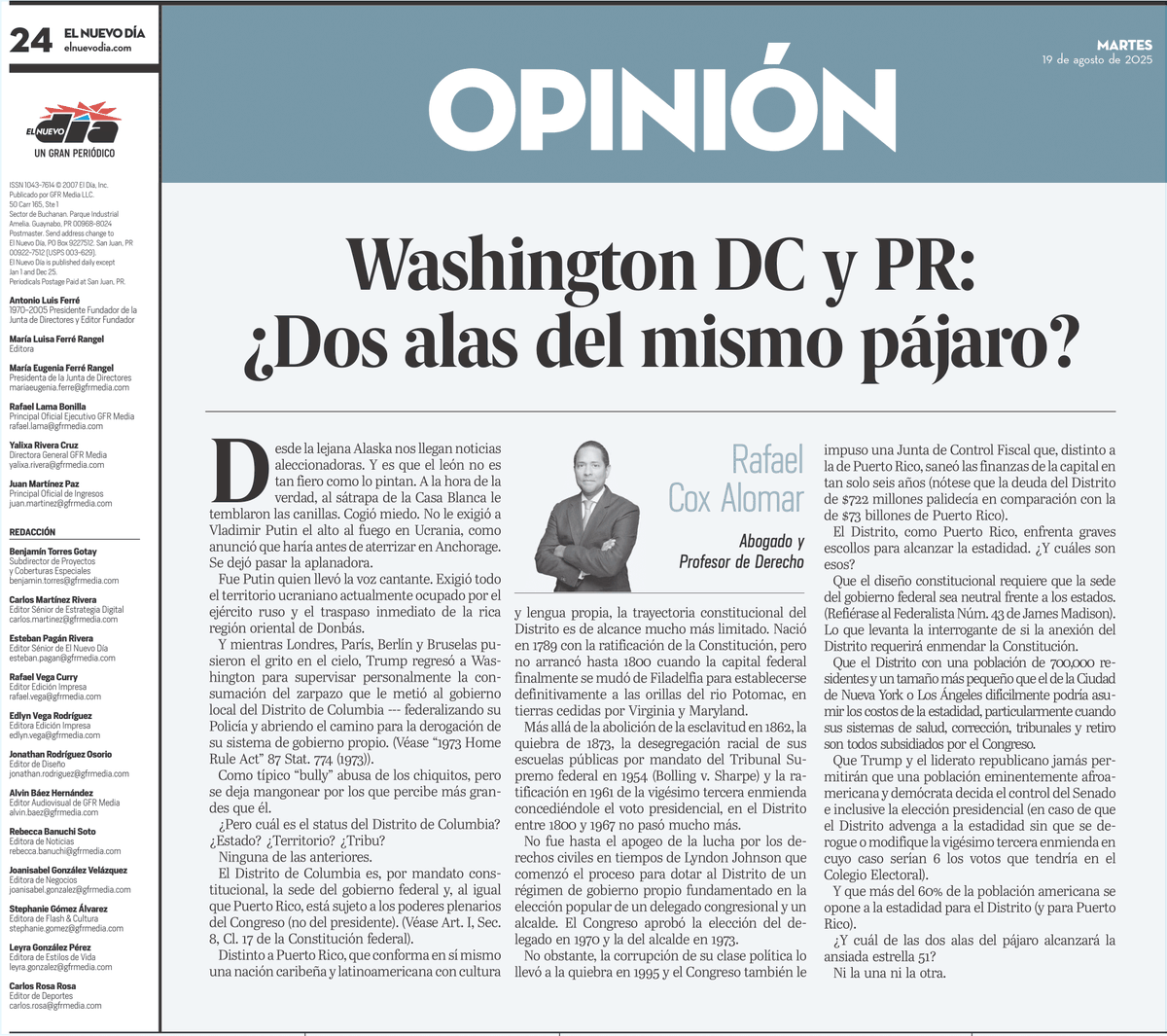 rcoxalomar's tweet photo. "Washington DC y PR: ¿Dos alas del mismo pájaro?", hoy en @ElNuevoDia https://t.co/g0fgoDzaSX