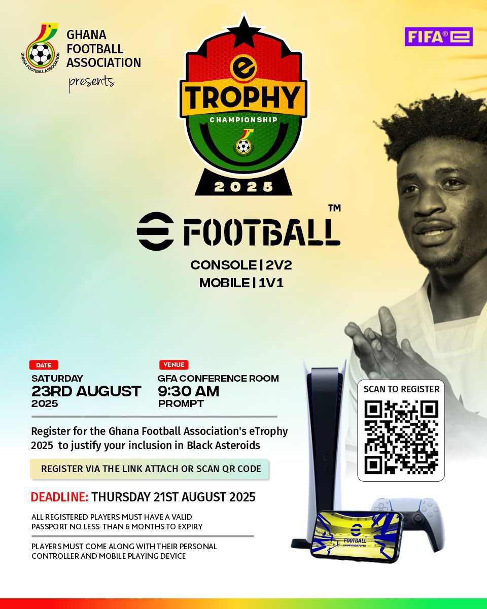 GhanaeSports's tweet photo. As part of esports development, the Ghana Football Association, the regulatory body of Ghana football, is introducing the GFA eTrophy…. Proceed to compete. Demonstrate your skills and contribute to the growth of Ghana esports. It's the GFA eTrophy. #GhanaeSports #GFAeTrophy  #GhanaFlag.