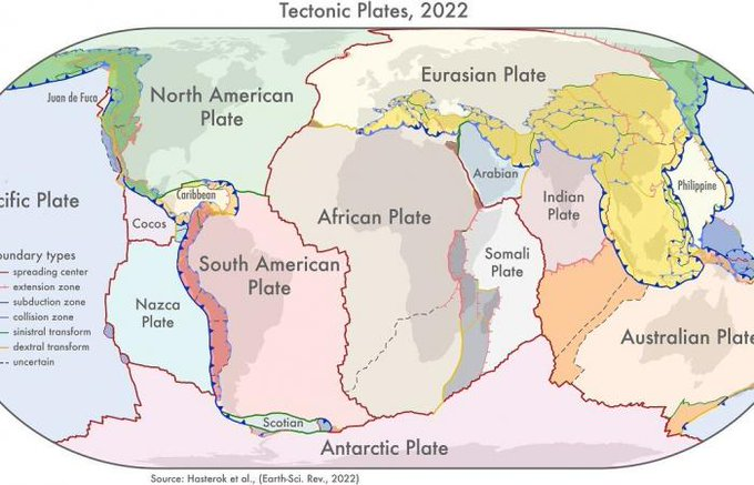 Mapa de distribución de placas tectónicas. 
Debido a la inexistencia de un límite claro en algunas áreas, y como novedad, se establecen amplias zonas como límite de placa, como es el caso del sur de la Península Ibérica 
sciencedirect.com/science/articl…