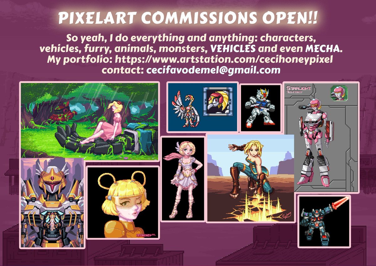 Aaaand #commissionsopen again, so yeah, here is my portfolio: artstation.com/cecihoneypixel I do both digital drawing/paiting and pixelart -^.^-