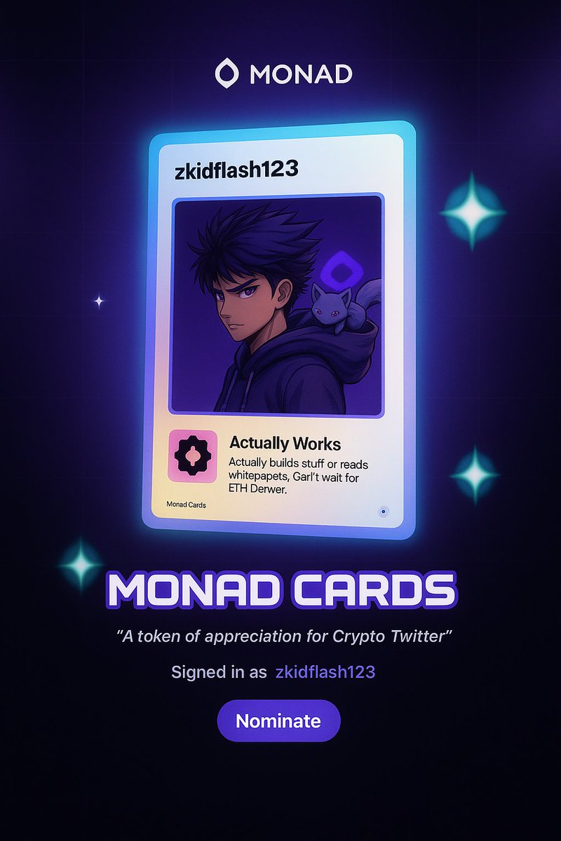 Got my Monad Card 

A token of appreciation for Crypto Twitter. 5,000 active accounts can claim. Each can nominate 3 friends

Who should I nominate? 👀