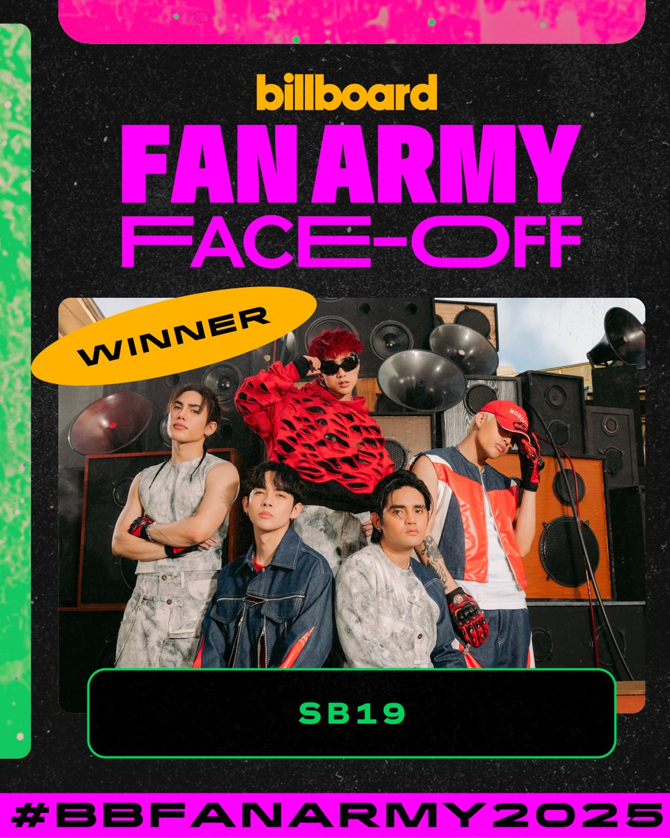 billboard (@billboard) on Twitter photo It's official! <a href="/SB19Official/">SB19 Official</a>'s #ATIN are the winners of #BBFanArmy2025 π
This marks the third year in a row the fandom has taken the top spot in the competition. SB19's A'TIN now tie T-araβs Queens for the most Billboard Fan Army Face-Off wins of all time (3). It's official! <a href="/SB19Official/">SB19 Official</a>'s #ATIN are the winners of #BBFanArmy2025 π
This marks the third year in a row the fandom has taken the top spot in the competition. SB19's A'TIN now tie T-araβs Queens for the most Billboard Fan Army Face-Off wins of all time (3).