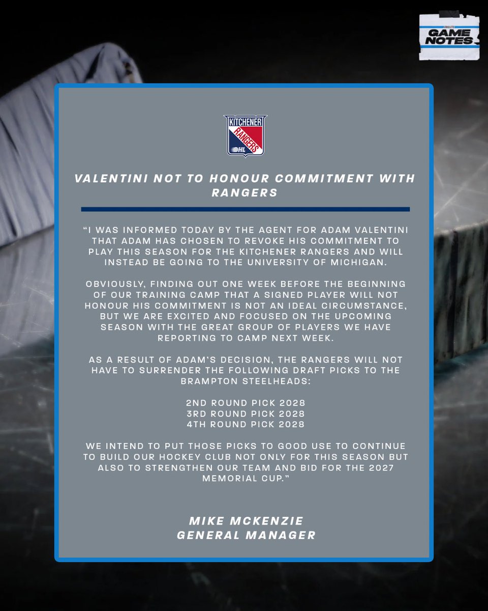 Game Notes (@gamenotesbud) on Twitter photo ADAM VALENTINI TO MICHIGAN 〽️🤯
Kitchener’s 17-year-old star prospect is pulling his commitment from the Rangers and taking his talents to the University of Michigan for the upcoming season
Via: <a href="/OHLRangers/">Kitchener Rangers</a> ADAM VALENTINI TO MICHIGAN 〽️🤯
Kitchener’s 17-year-old star prospect is pulling his commitment from the Rangers and taking his talents to the University of Michigan for the upcoming season
Via: <a href="/OHLRangers/">Kitchener Rangers</a>
