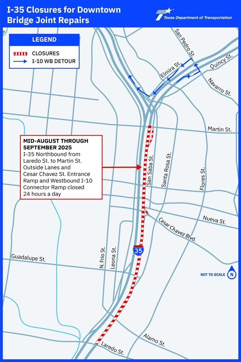 🚨I-35 DOWNTOWN SA🚨 Bridge repairs completed on lower-level of NB I-35. Work will focus on the upper-level through September. 

⛔️Outside lanes from S. Laredo to I-10
⛔️Cesar Chavez entrance ramp
⛔️Ramp to WB I-10

Plan ahead for delays. Learn more: bit.ly/3Xodeeh