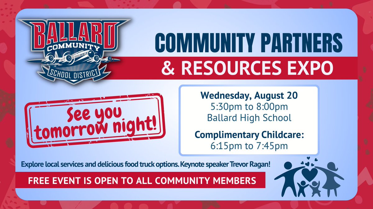 Join us tomorrow night for the Community Partners &amp; Resources Expo, a free event open to all community members! 🙌

The event runs from 5:30 to 8:00pm on Wednesday at Ballard High School. More info: ballard.k12.ia.us/news/2025/08/c…