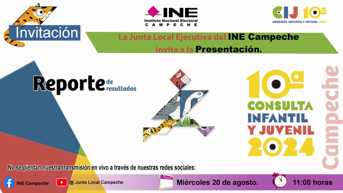 El INE en Campeche te invita a seguir la transmisión en vivo de la entrega de resultados de la CIJ 2024 el mañana 20/08/25 a través de nuestras redes sociales. Más información de la opinión de niñas, niños y adolescentes en la página: ine.mx/reportes-de-re…