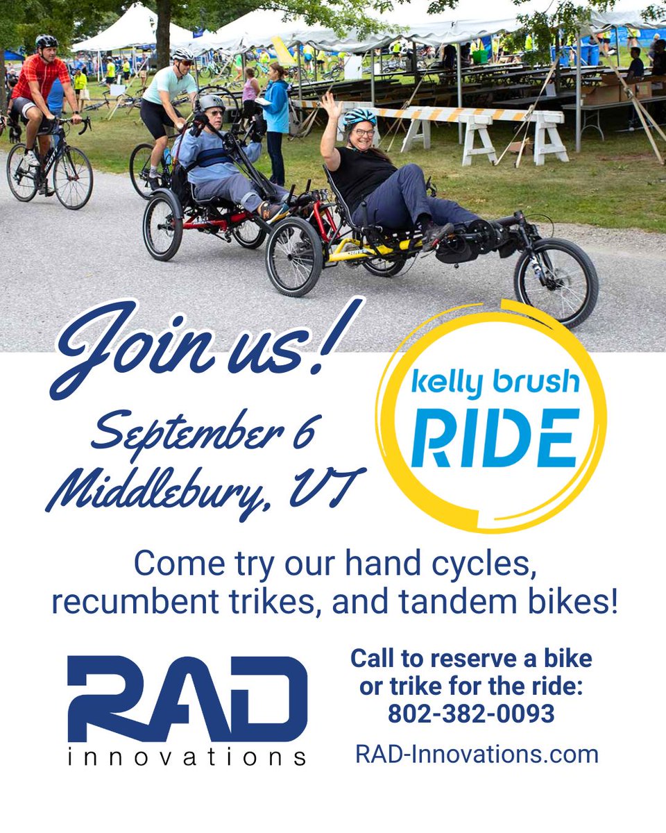radinnovations1's tweet photo. The Kelly Brush Ride is coming up on Saturday, September 6 and we want you to join us! We have hand cycles, recumbent trikes, and tandem bikes we're offering to riders who want to participate. Interested? Give us a call! 802-382-0093
#KellyBrushRide #RADInnovations #MiddleburyVT https://t.co/73ud9cH5ng