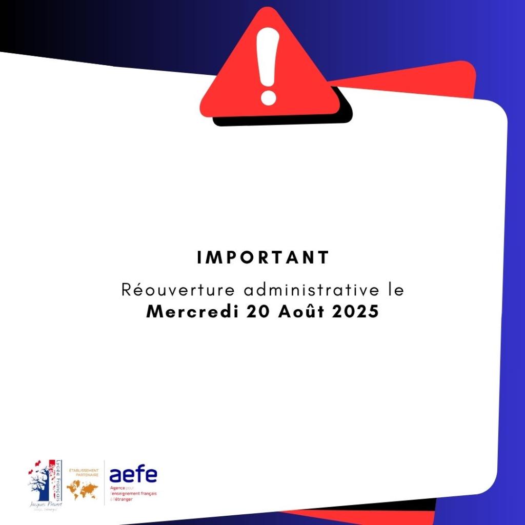 lycee_saly's tweet photo. Le lycée français Jacques Prévert rouvre ses portes à partir du mercredi 20 août pour toutes vos démarches administratives.
👉 Pour toute question, nous vous invitons à vous adresser directement à l’accueil du lycée.
@aefeinfo  @FranceoSenegal  @AefeIen https://t.co/I65kI7HlpK