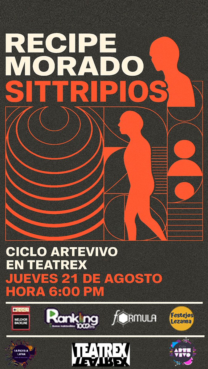 DjMelchor (@djmelchor1) on Twitter photo Jueves 21 de agosto el <a href="/cicloartevivo/">CicloArteVivo</a> presenta a <a href="/recipemorado/">𝚁é𝚌𝚒𝚙𝚎 𝙼𝚘𝚛𝚊𝚍𝚘 ®</a> <a href="/sittripios/">sittripios</a> en el <a href="/TEATREX/">TEATREX</a> desde la 6pm con el bazar alternativo entrada en preventa desde ya en la taquilla del teatrex 5$ el día del show 10$ show para todas las edades dile a tu mamá que te lleve 7:12pm show time. Jueves 21 de agosto el <a href="/cicloartevivo/">CicloArteVivo</a> presenta a <a href="/recipemorado/">𝚁é𝚌𝚒𝚙𝚎 𝙼𝚘𝚛𝚊𝚍𝚘 ®</a> <a href="/sittripios/">sittripios</a> en el <a href="/TEATREX/">TEATREX</a> desde la 6pm con el bazar alternativo entrada en preventa desde ya en la taquilla del teatrex 5$ el día del show 10$ show para todas las edades dile a tu mamá que te lleve 7:12pm show time.
