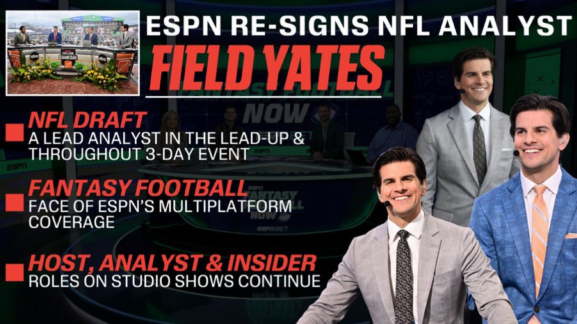 ESPN has re-signed Field Yates to a multi-year agreement, continuing his role as one of the company’s lead NFL Draft, Fantasy Football and NFL analysts and insiders.