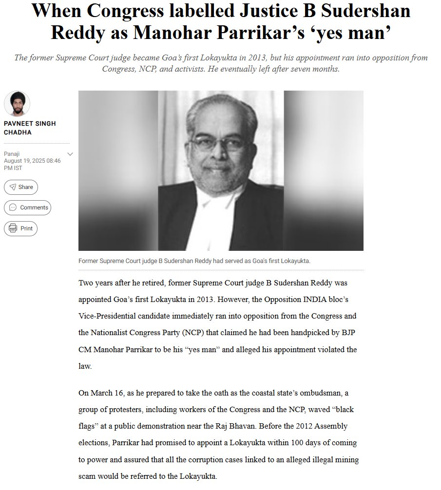 IndiaCrooks's tweet photo. @PChidambaram_IN @kharge @KartiPC @sardesairajdeep @ncbn @ysjagan @INCIndia @arivalayam Indi #VPNominee #BSudarshanReddy made #Goa's #Lokayukta in 2013 by #BJP CM #ManoharParrikar. Congress/NCP then called him 'Yes Man' of BJP and challenged his appointment in Bombay-HC. How come @kharge chosen this man now? थूक के चाट लिया एक बार फिर?🤦‍♂️
https://t.co/PcXXn0fIRI https://t.co/t5P06NMXu7