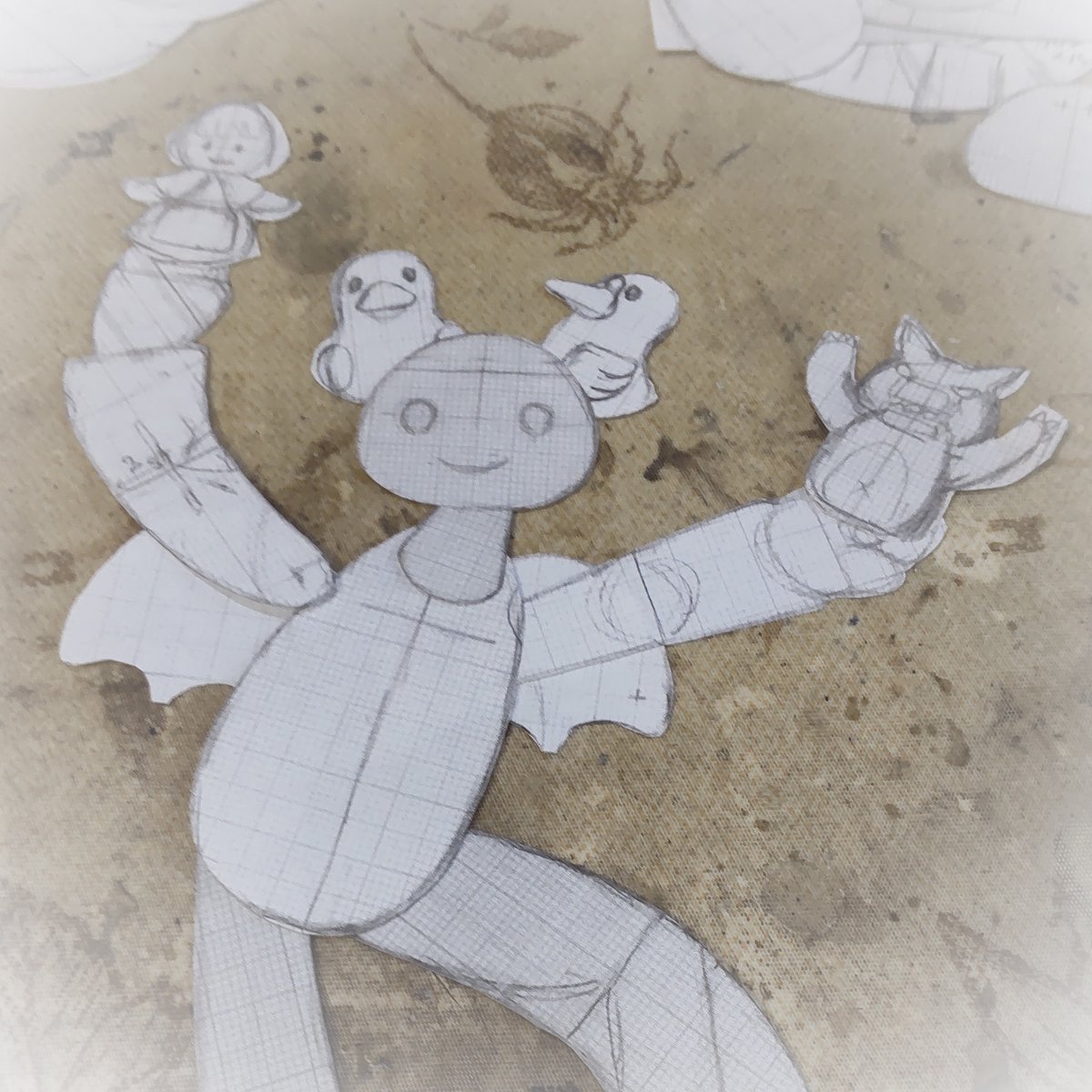 ありがたいことに過去作と同型のペンダントパペットの依頼をいただいたので、過去の図面など掘りおこし。材料の角材に当てて使う型紙がごそっと出てきたのでコラージュみたいにしてひと遊びです。

悪魔のパペット使い誕生！

#パペット
#マリオネット