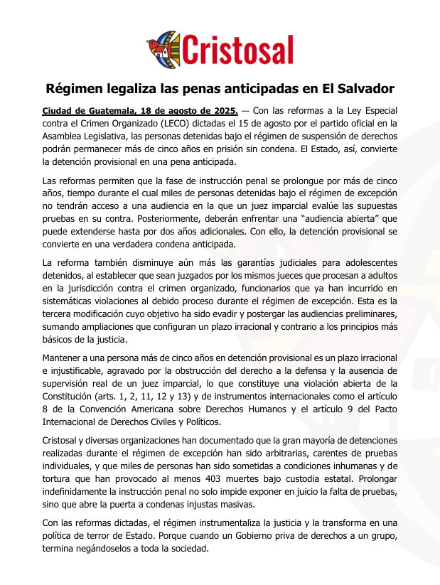 _elfaro_'s tweet photo. La organización @Cristosal advierte que con las reformas a la Ley Especial contra el Crimen Organizado, dictadas el 15 de agosto, el Estado "convierte la detención provisional en una pena anticipada". https://t.co/oMWWaKgwId