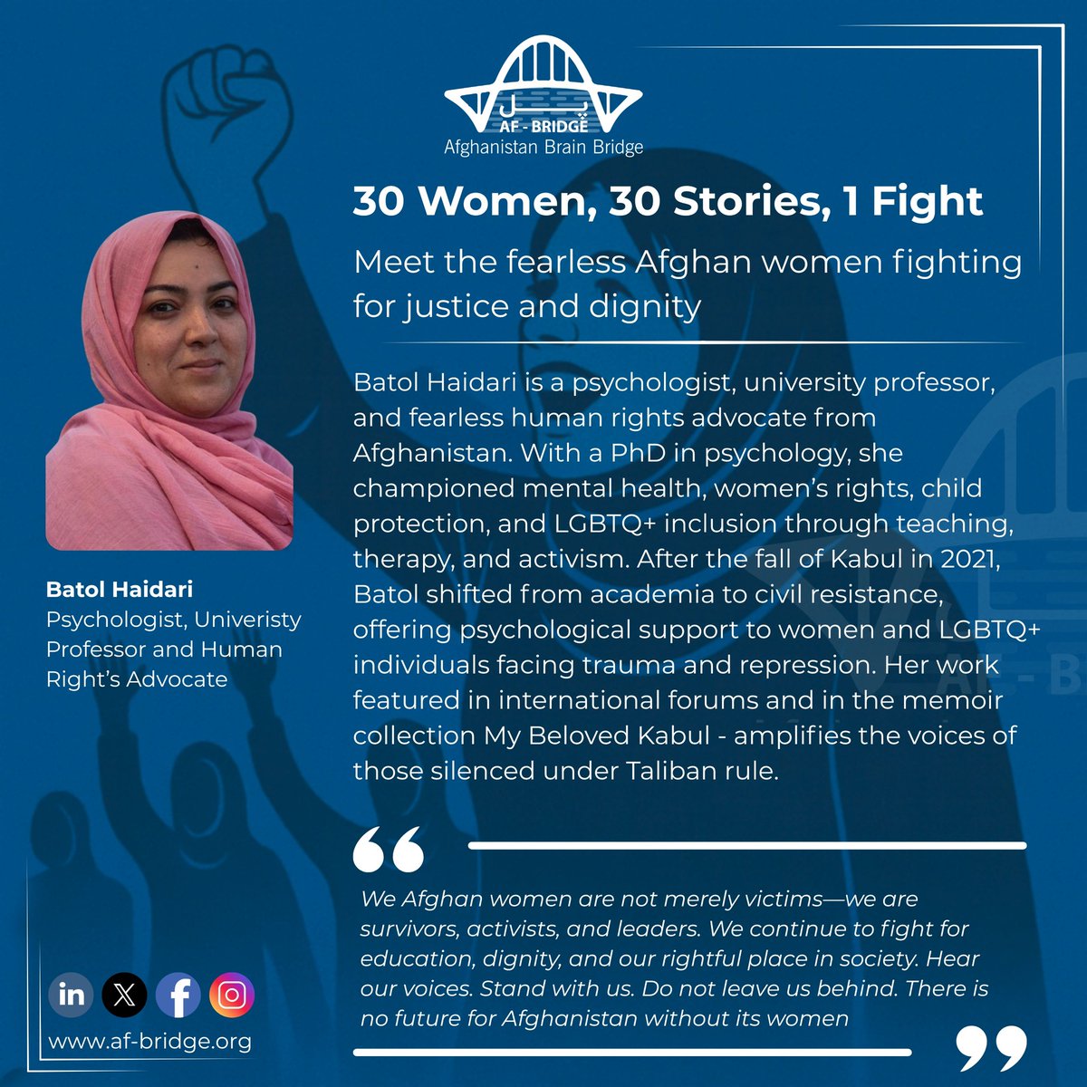 AfgBridge's tweet photo. Day 19 | #30Days30Profiles
"We Afghan women are not merely victims-we are survivors, activists, and leaders. We continue to fight for education, dignity, and our rightful place in society." - @haidari_batool
🎥 Watch
📢 Share
✊🏽 Stand with Afghan women
#RiseBeyondFear #AfBridge https://t.co/agAGqSKq2t
