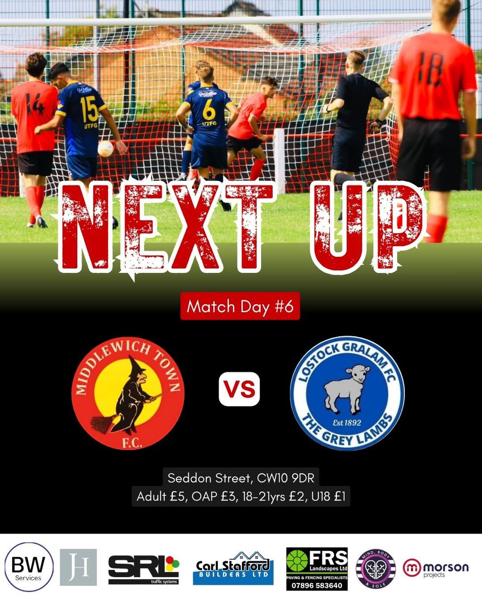 Middlewich Town FC (@middlewichfc) on Twitter photo Our final midweek fixture tomorrow evening sees us take on our local rivals at home.
🔴⚫️⚽️
🆚 <a href="/thegreylambs/">Lostock Gralam FC</a>
📆 Weds 20th August
🏟 Seddon Street
🏆 <a href="/CheshireFL/">Cheshire Football League ⚽️</a> Premier Division
⏰ 18:30pm KO
Bar is open 🍺
Kitchen is open 🍟
#upthewitches🧙🏻♀️ Our final midweek fixture tomorrow evening sees us take on our local rivals at home.
🔴⚫️⚽️
🆚 <a href="/thegreylambs/">Lostock Gralam FC</a>
📆 Weds 20th August
🏟 Seddon Street
🏆 <a href="/CheshireFL/">Cheshire Football League ⚽️</a> Premier Division
⏰ 18:30pm KO
Bar is open 🍺
Kitchen is open 🍟
#upthewitches🧙🏻♀️