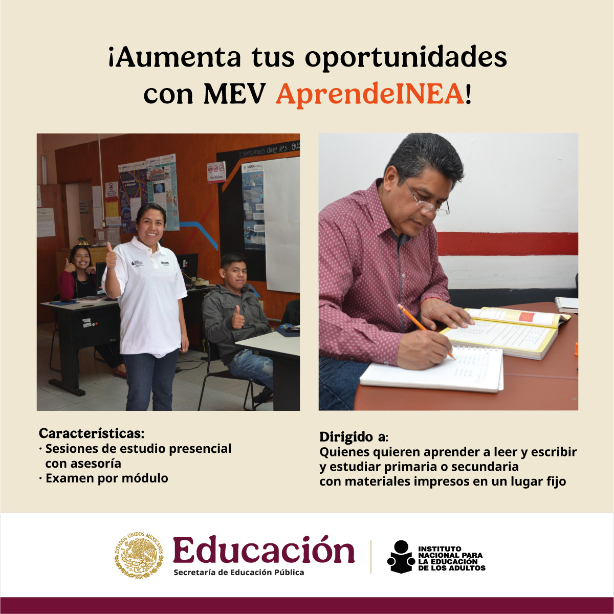 📖 El modelo educativo MEV AprendeINEA te proporciona herramientas esenciales en lengua y comunicación, pensamiento matemático, vida y comunidad. Estos conocimientos no sólo mejorarán tu calidad de vida, también abrirán puertas a nuevas oportunidades para ti y tu familia. 🌟📘