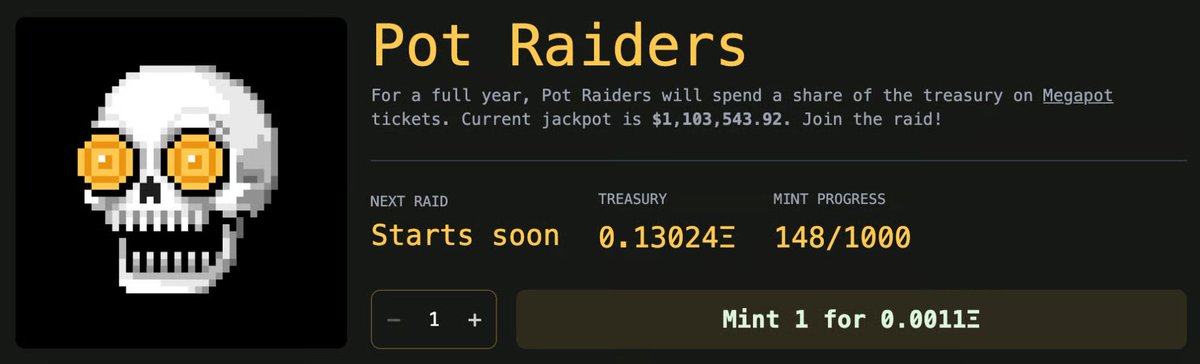 andreitr's tweet photo. The Pot Raiders mint is live on @base 🟦💰💀

Go mint your raider and join the party! The first batch of @megapot tickets will be purchased by the contract in ~3 hours. And remember, each NFT can be redeemed for a share of the treasury at any time! https://t.co/66MZKkNOIT