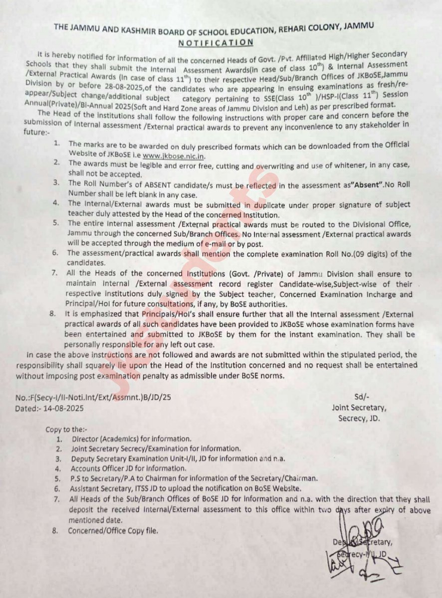 #JKBOSE Notification regarding submission of Internal Assessment and External Practial Awards Session Annual(Private)/Bi-annual 2025(Soft and Hard Zone of Jammu Division and Leh)