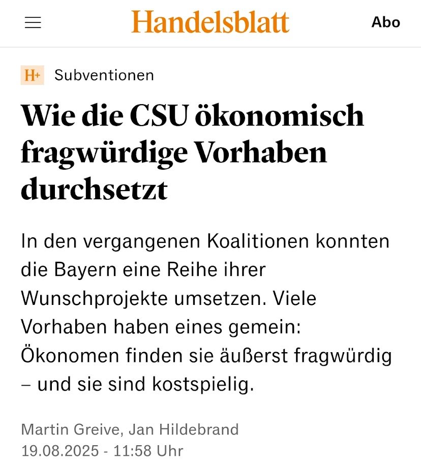 Wie lange will sich das der Rest vom Land noch bieten lassen?

„Bayern versucht, viel Geld nach Bayern zu holen“
Die Berechnungen des Sachverständigenrats zeigen: Die Regierungsbeteiligung der CSU ist nicht günstig. Und das ist nicht nur bei dem jüngsten schwarz-roten Bündnis der