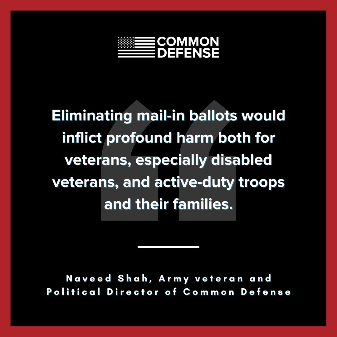 commondefense's tweet photo. Trump has vowed to eliminate mail-in ballots before the 2026 midterms. This is a direct attack on democracy—and on veterans, troops, and families who depend on them.

Read our full statement 🔗 https://t.co/ZslV6yLf0t

#ProtectOurVotes #CommonDefense https://t.co/5NHqZ0QWzo