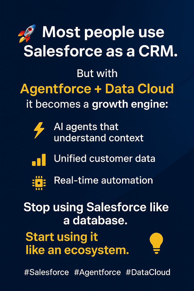Divaker29's tweet photo. 🚀 Most people use Salesforce as a CRM.
But with Agentforce + Data Cloud, it becomes a growth engine:

⚡ AI agents that understand context
📊 Unified customer data
🤖 Real-time automation

Stop using Salesforce like a database.
Start using it like an ecosystem. 💡

#Salesforce https://t.co/FwBPRIkANl