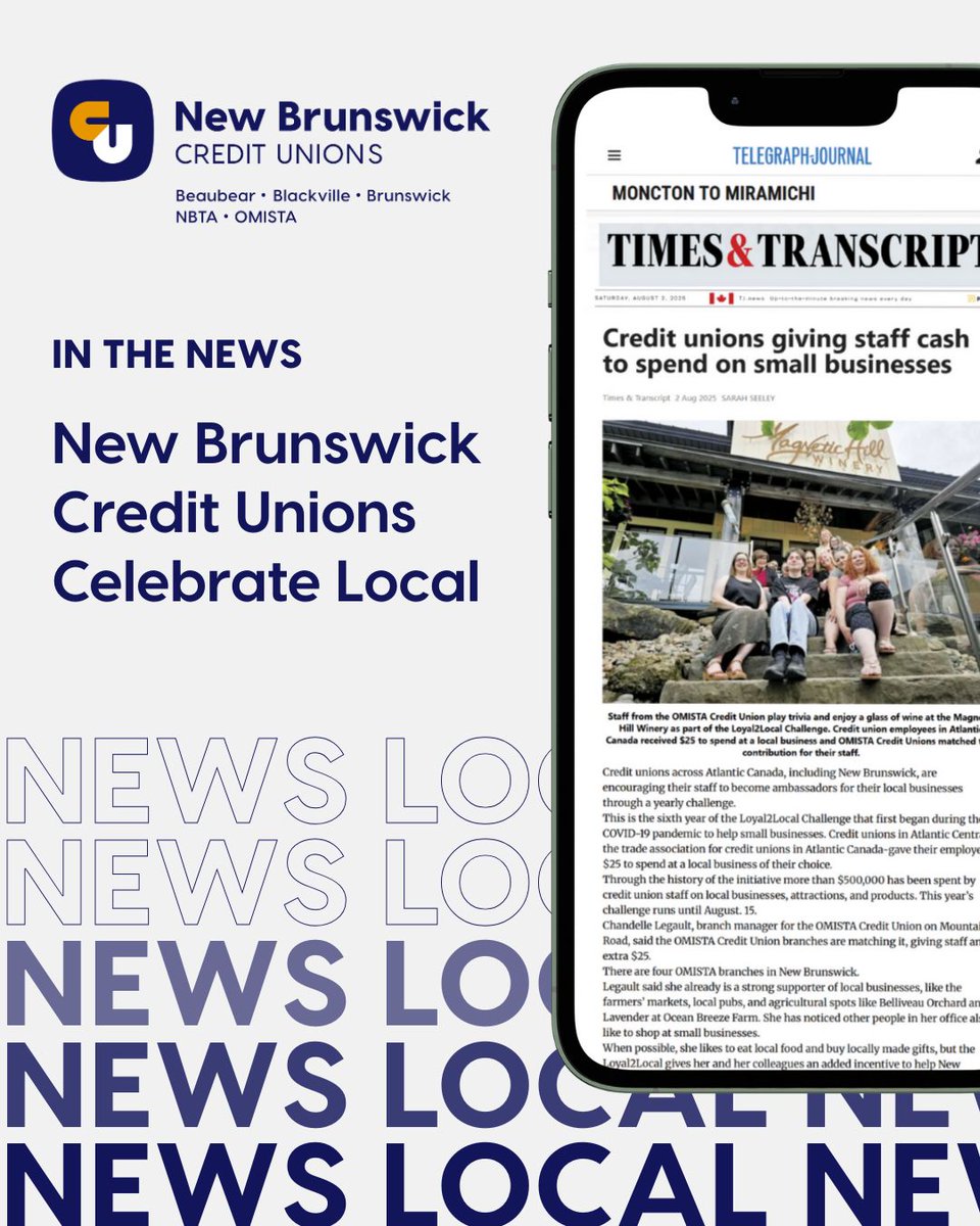 OmistaCU's tweet image. #Loyal2LocalChallenge is over, ICYMI, we were featured in @TimesTranscript, @DailyGleaner &amp;amp; @TJProvincial earlier in the month, highlighting how our Mountain Road employees kept dollars close to home. 
Learn more or read the article here omista.com/events #ABetterWayToBank