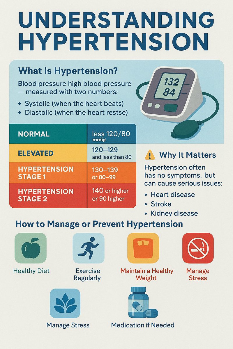 adamlsharp's tweet photo. 🌍 Understanding Hypertension: The Silent Risk 🌍

High blood pressure, or hypertension, is one of the most common—and dangerous—health conditions worldwide. Often called the “silent killer,” it usually has no symptoms but can cause life-threatening complications if left uncontrolled.

📏 How It’s Measured

Systolic (top number): Pressure when the heart beats
Diastolic (bottom number): Pressure when the heart rests
Normal: <120 / <80 mmHg
Hypertension: ≥130 / ≥80 mmHg

❗ Why It Matters

Increases risk of heart attack, stroke, kidney disease, and vision problems
Contributes to millions of preventable deaths worldwide each year

✅ Behavior Changes That Help

Reduce sodium intake (processed foods, restaurant meals)
Eat more fruits, vegetables, and whole grains
Maintain a healthy weight and body fat range
Exercise 30 minutes most days
Limit alcohol and avoid tobacco
Manage stress with sleep, relaxation, and mindfulness

Hypertension is preventable and manageable—but it requires awareness and consistent action.

💡 Small, daily choices build into long-term protection for your heart and brain.
You can take control.

#healtheducation #hypertension #behaviorchange #bloodpressure #hearthealth