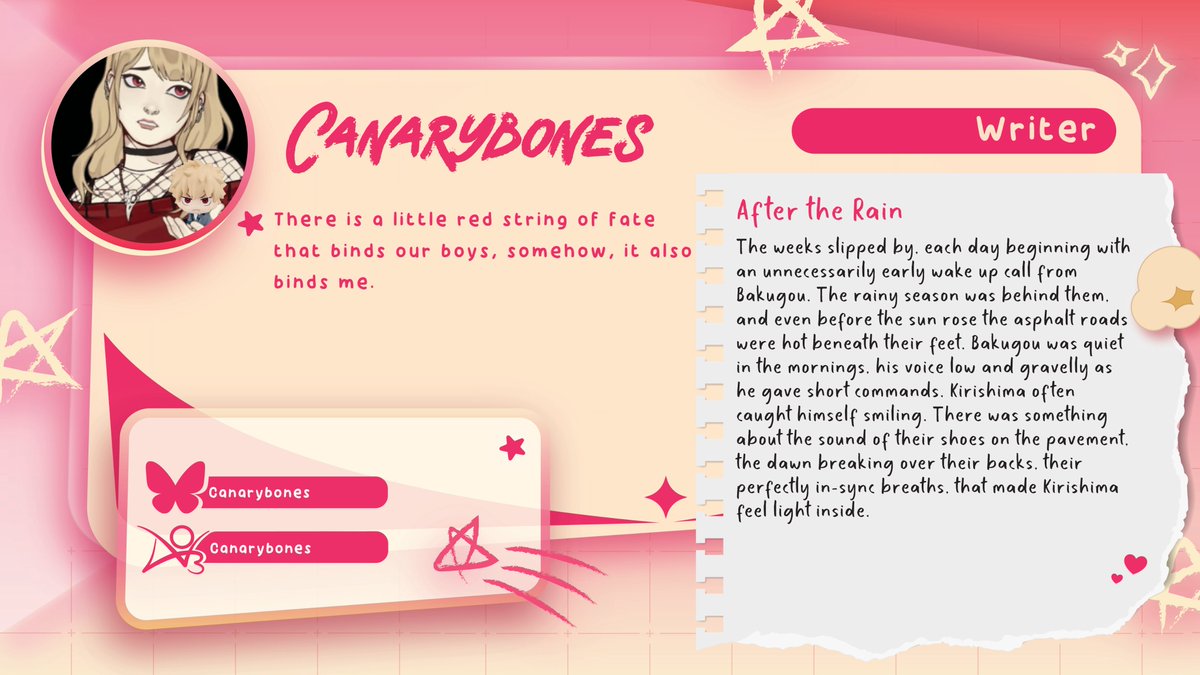 💭 CONTRIB INTRO #11

Fluff up your pillows, it's storytime with Canarybones 🐦📖 Canary loves writing canon-divergent and AU settings. No matter where KRBK are in her stories, they are always always soft for each other!