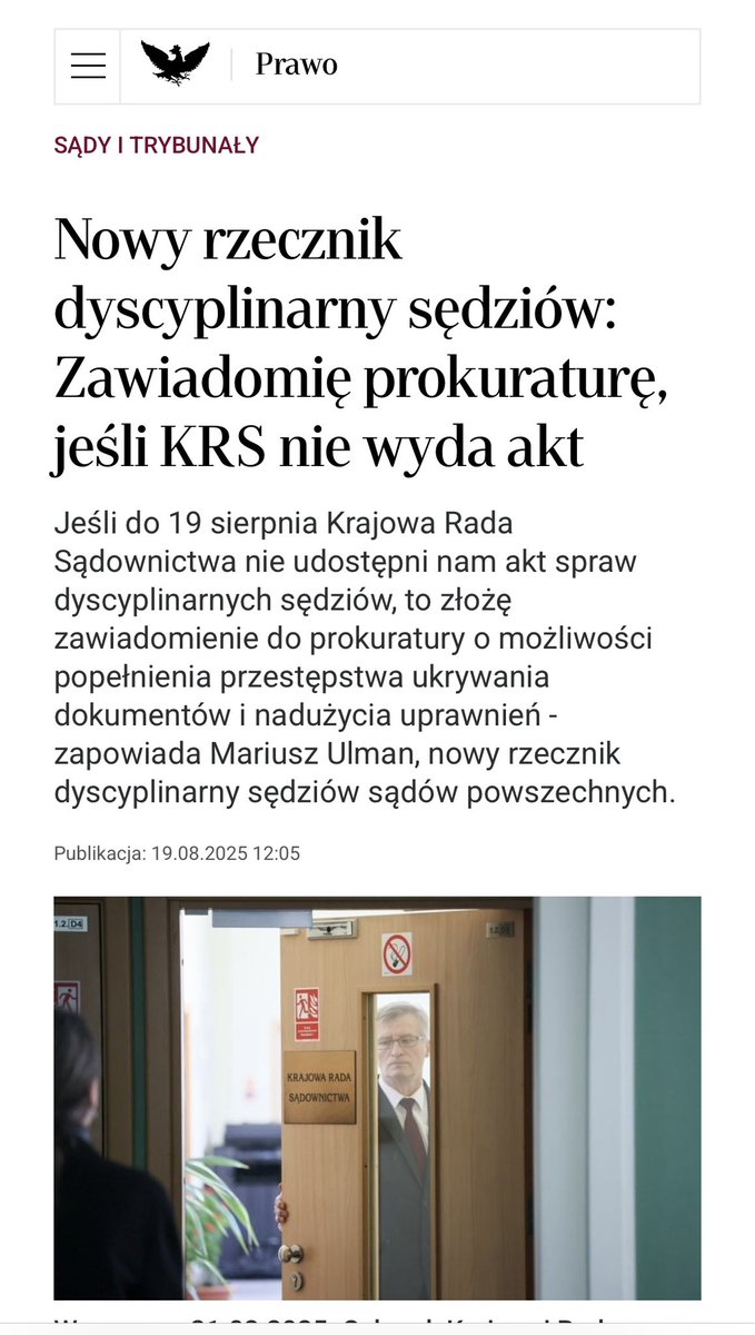 Bartosz Lewandowski (@bartoszlewand20) on Twitter photo Moim zdaniem plan na dzisiaj był taki, żeby dwie osoby (w tym przedstawiciel <a href="/MS_GOV_PL/">Min. Sprawiedliwości</a>) usiłowały dostać się do budynku <a href="/KRS_RP/">Krajowa Rada Sądownictwa</a> i do samych gabinetów.
Dzisiaj na łamach <a href="/RPPrawo/">Rzeczpospolita Prawo</a> ukazał się artykuł zapowiadający kolejne kroki.
Zapewne zostanie złożone zawiadomienie do Moim zdaniem plan na dzisiaj był taki, żeby dwie osoby (w tym przedstawiciel <a href="/MS_GOV_PL/">Min. Sprawiedliwości</a>) usiłowały dostać się do budynku <a href="/KRS_RP/">Krajowa Rada Sądownictwa</a> i do samych gabinetów.
Dzisiaj na łamach <a href="/RPPrawo/">Rzeczpospolita Prawo</a> ukazał się artykuł zapowiadający kolejne kroki.
Zapewne zostanie złożone zawiadomienie do