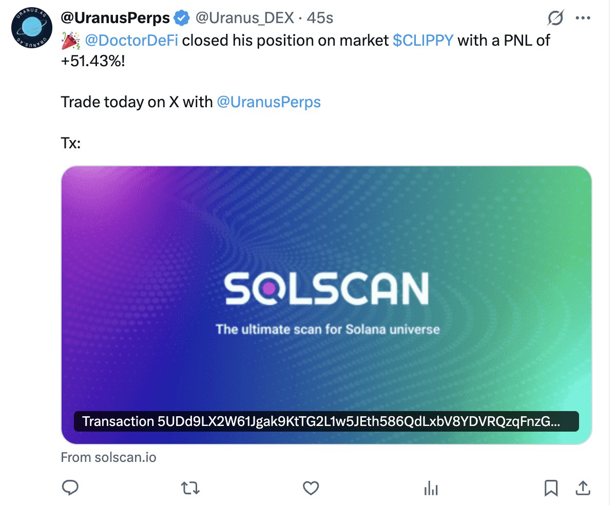 Screenshot of DoctorDeFi closing $CLIPPY position with +51.43% PNL on UranusPerps