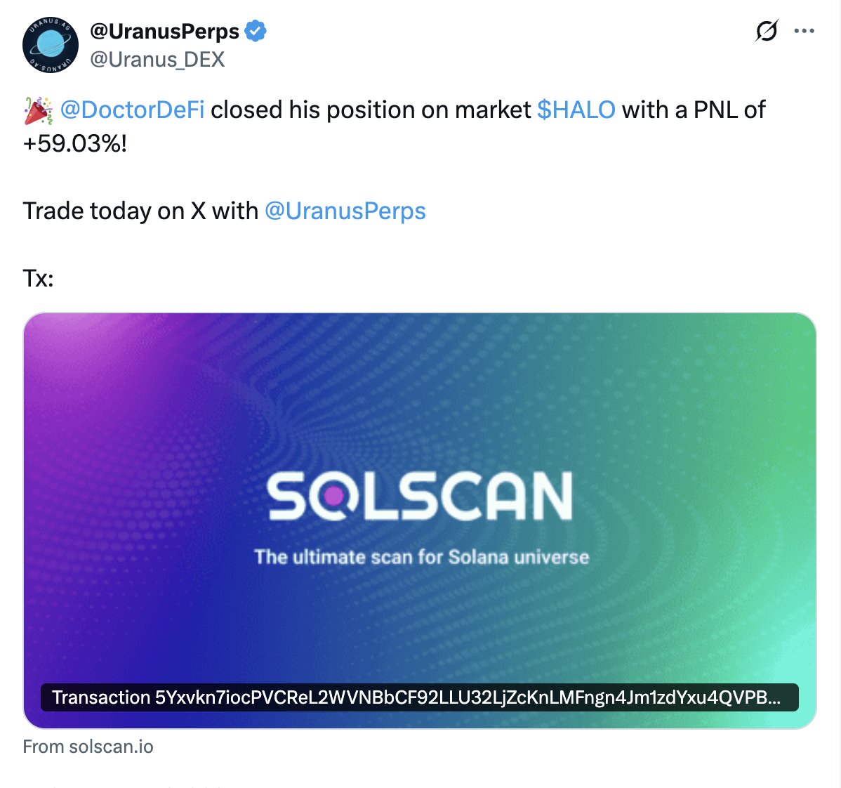 Screenshot of DoctorDeFi closing $HALO position with +59.03% PNL on UranusPerps