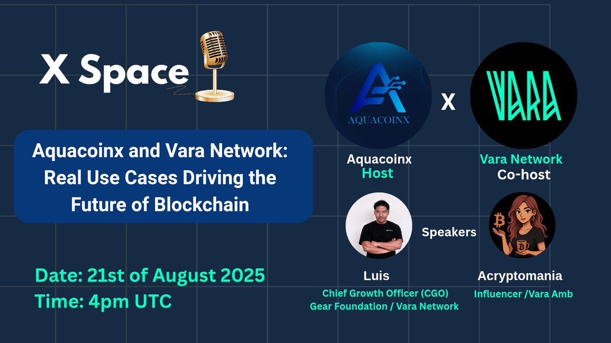 Acryptomania (@blesilyns) on Twitter photo Gm guys
Y'all about to experience the best Xspace of your life!
Join us for amazing discussions as we delve in how <a href="/aquacoinx/">Aquacoinx</a> and <a href="/VaraNetwork/">Vara Network</a> Real Use Cases Driving the Future of Blockchain
Speaker: <a href="/luisreve85/">Luis Rêve | Vara Network</a>
Chief Growth Officer (CGO) at Gear Foundation
Set your Gm guys
Y'all about to experience the best Xspace of your life!
Join us for amazing discussions as we delve in how <a href="/aquacoinx/">Aquacoinx</a> and <a href="/VaraNetwork/">Vara Network</a> Real Use Cases Driving the Future of Blockchain
Speaker: <a href="/luisreve85/">Luis Rêve | Vara Network</a>
Chief Growth Officer (CGO) at Gear Foundation
Set your