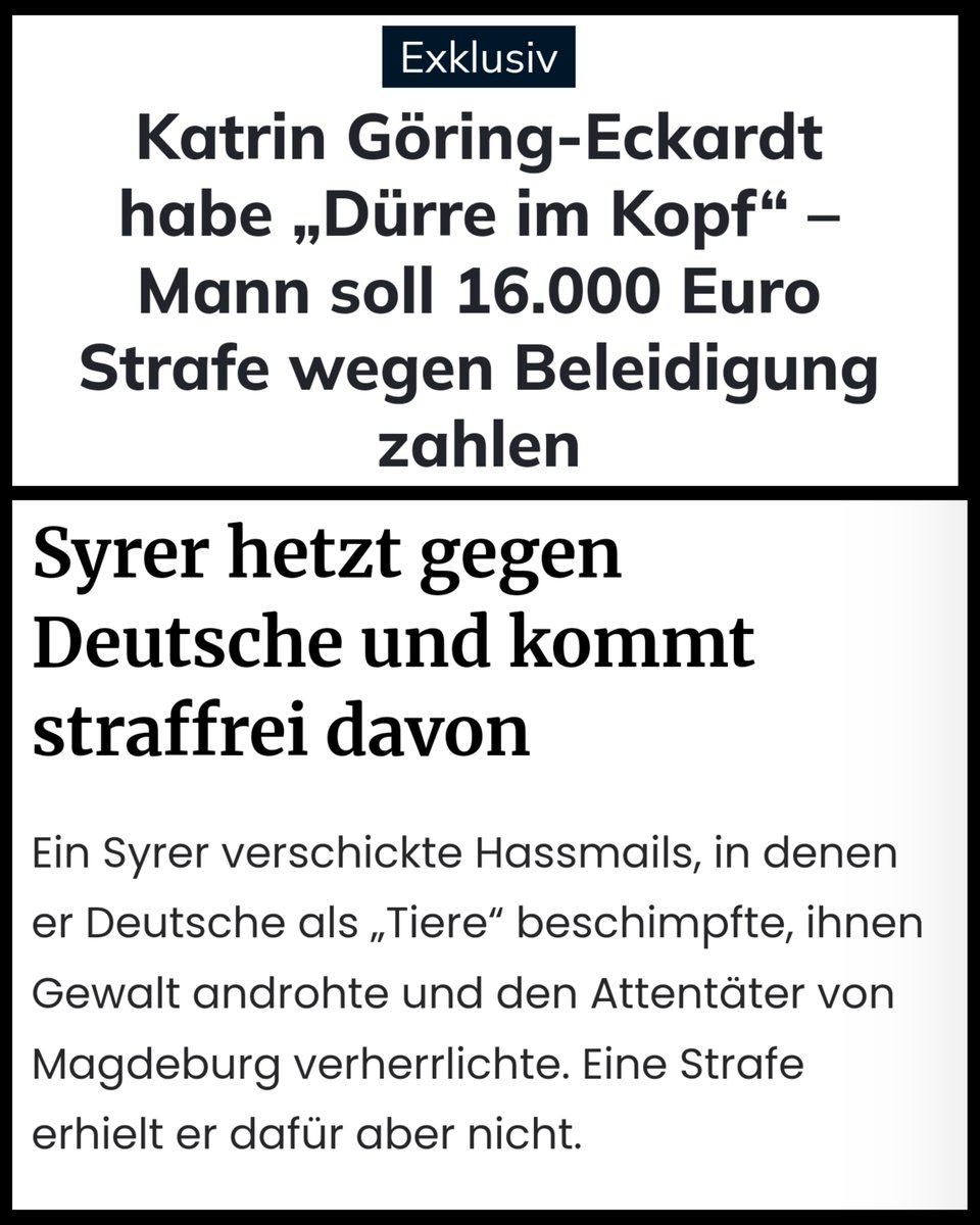 Während normale Bürger wegen rustikaler Meme teils drakonische Geldstrafen o Hausdurchsuchungen erwartet, wurde der #Syrer, der 🇩🇪 als Tiere verunglimpft, Homosexuelle lebendig verbrennen wollte u den #Magdeburg Attentäter lobt, für schuldunfähig erklärt u finanziell entschädigt.
