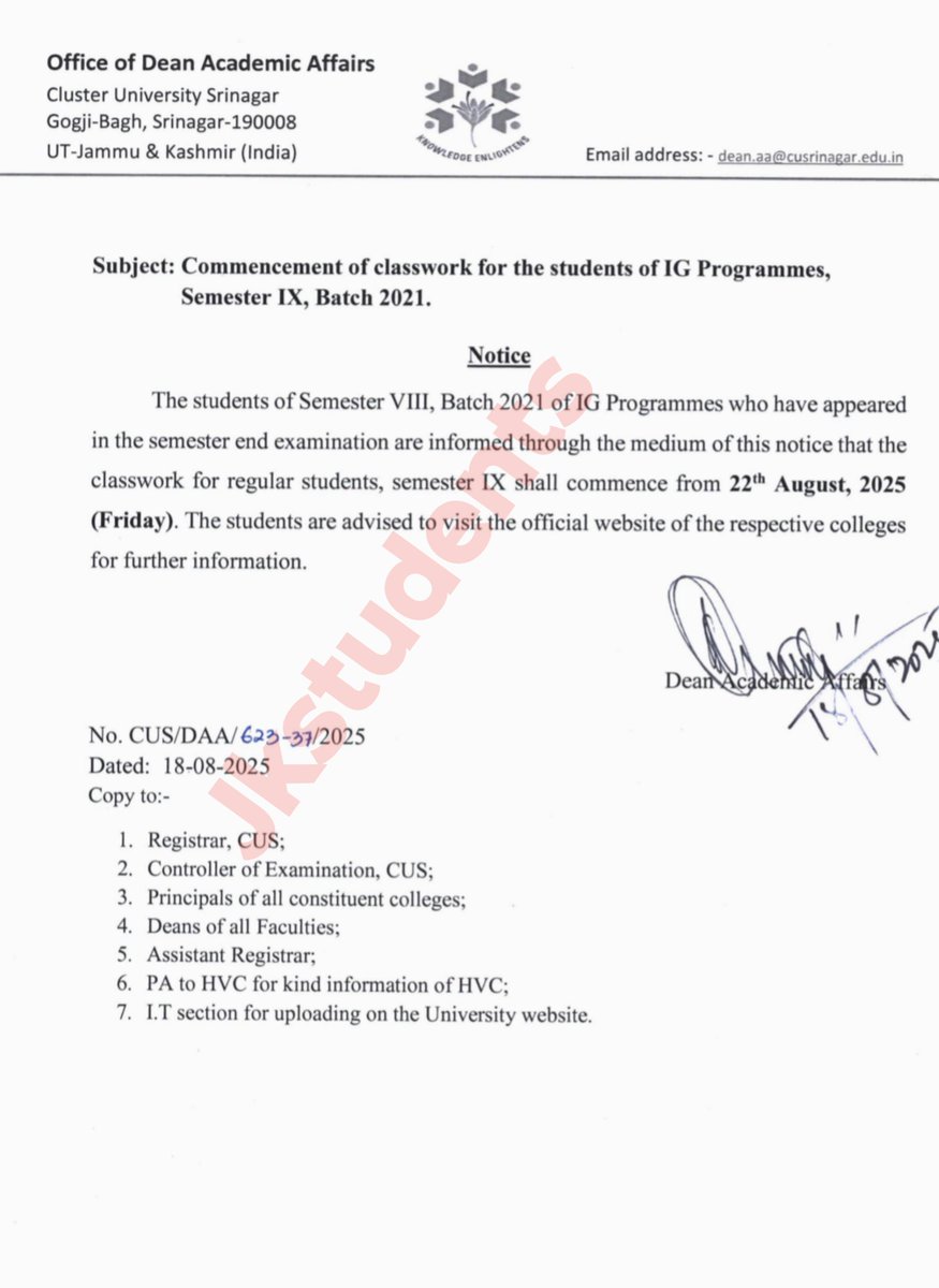 Commencement of classwork for the students of IG Programmes, Semester IX, Batch 2021.