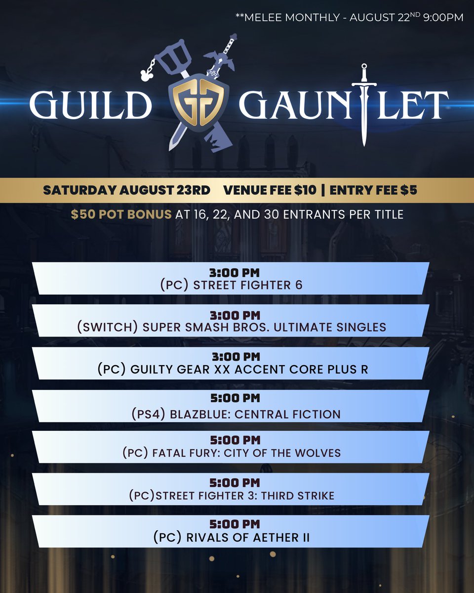 GuildhallGG's tweet photo. FGC MONTHLY - GUILD GAUNTLET SCHEDULE 8/23 (THIS SAT.)

Running a little behind this time around for the schedule, so RT’s and shares would be appreciated! 15% off of our cafe for those who reshare before Friday’s Melee Monthly

As always, the game with the most pre-regs by Thursday 11:59PM, will be getting an additional $50 pot bonus!