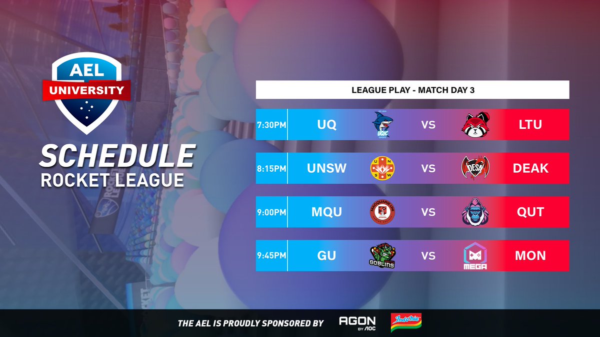 Australian Esports League (@auesportsleague) on Twitter photo Rocket League returns tonight with Match Day 3!
🔴 Live from 7:15PM AEST
📺 twitch.tv/auesportsleague
🎙️ <a href="/Mattse123/">MattSe</a> & <a href="/formalcasting/">max vonneumann</a>
🎬 <a href="/BkWhatOCE/">Bk</a>
The AEL is proudly sponsored by <a href="/AGONbyAOC/">AGON by AOC</a> and <a href="/Indomielovers/">Indomie</a>
Match Schedule
7:30PM #UQ vs <a href="/LTU_GS/">LTU Gaming Society | Red Panda eSports</a>
8:15PM <a href="/UNSW_ESports/">UNSW ESports Club</a> vs Rocket League returns tonight with Match Day 3!
🔴 Live from 7:15PM AEST
📺 twitch.tv/auesportsleague
🎙️ <a href="/Mattse123/">MattSe</a> & <a href="/formalcasting/">max vonneumann</a>
🎬 <a href="/BkWhatOCE/">Bk</a>
The AEL is proudly sponsored by <a href="/AGONbyAOC/">AGON by AOC</a> and <a href="/Indomielovers/">Indomie</a>
Match Schedule
7:30PM #UQ vs <a href="/LTU_GS/">LTU Gaming Society | Red Panda eSports</a>
8:15PM <a href="/UNSW_ESports/">UNSW ESports Club</a> vs