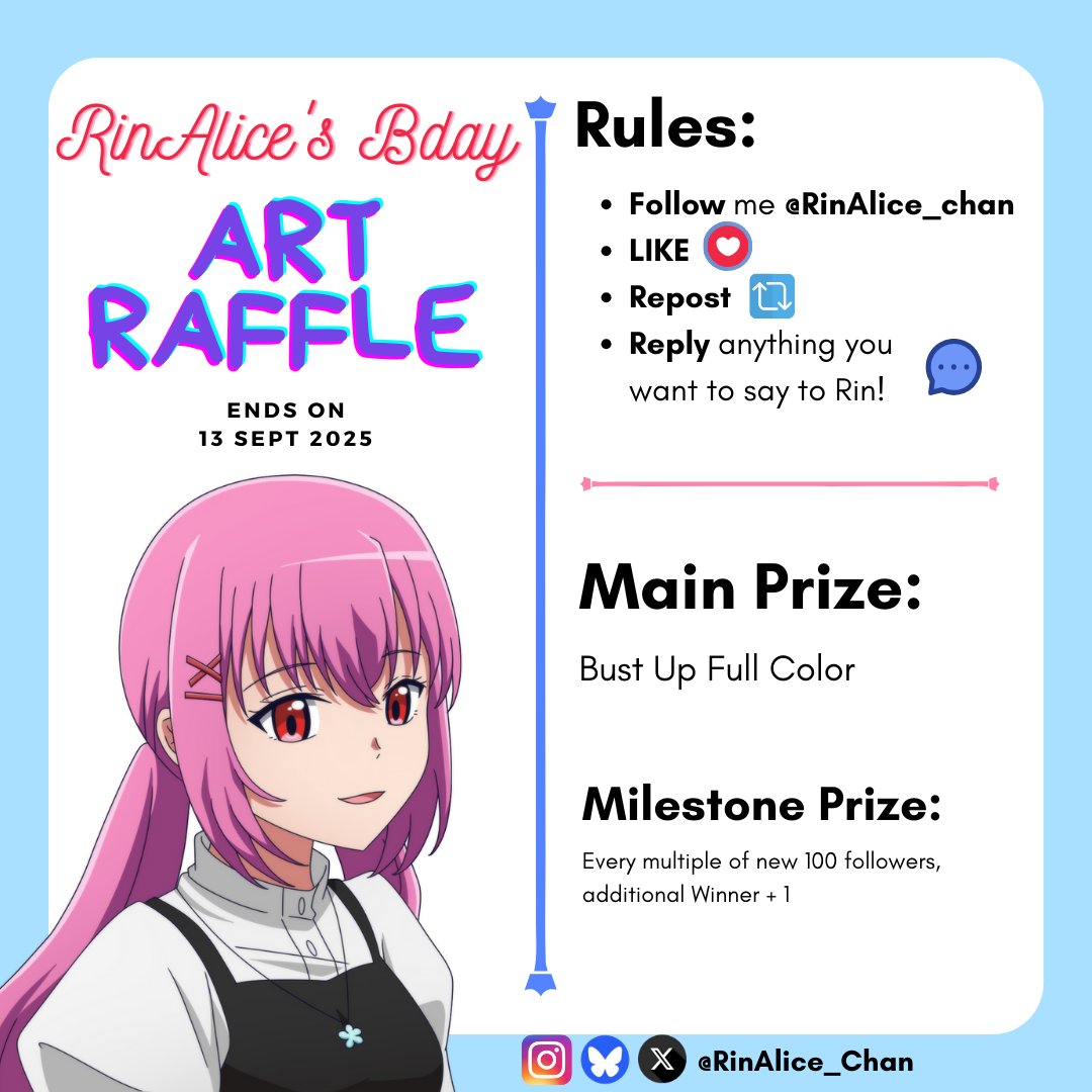 [Art Raffle] Celebrate Rin's Bday!🎂
>> Free Bust Up Drawing for 1 winner! <<
──── ୨୧ ────
✿ Follow me (<a href="/RinAlice_Chan/">RinAlice✿｜Fuyutsuki Rinne (冬月輪廻)❄️</a>)☑️
✿ Like this Post🩷
✿ Repost this Post🔁
✿ Reply this post with anything you want to say to Rin!
──── ୨୧ ────
#ArtRaffle #ArtGiveaway