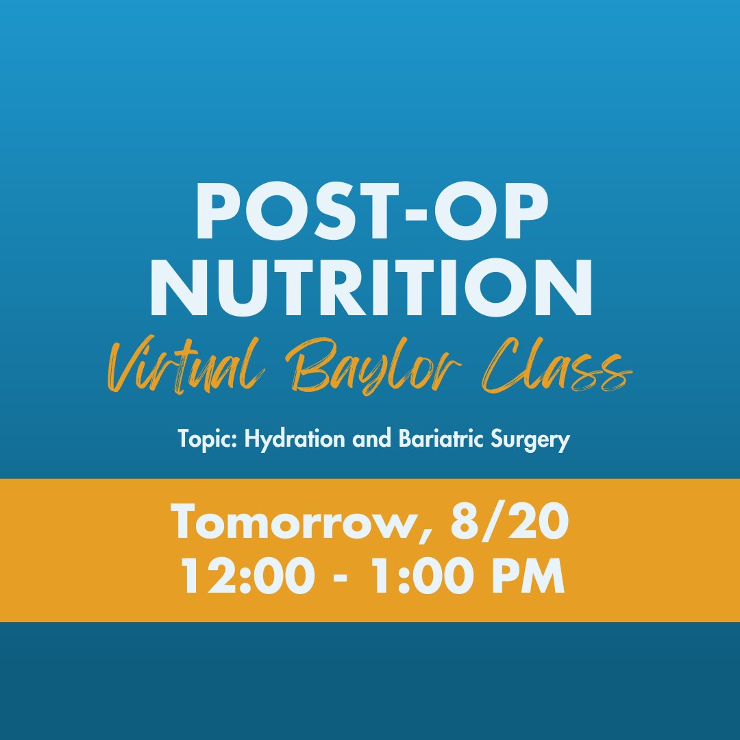 NicholsonClinic's tweet image. Inviting all Post-Op Patients! Join us tomorrow for our FREE post-op nutrition class on Aug 20 from 12 – 1pm. Topic:  Hydration and Bariatric Surgery. RSVP to tyrisha.mason@bswhealth.org or call 469-814-5677

#PostOp #WLJ #GroupClass #Educate #NicholsonClinic