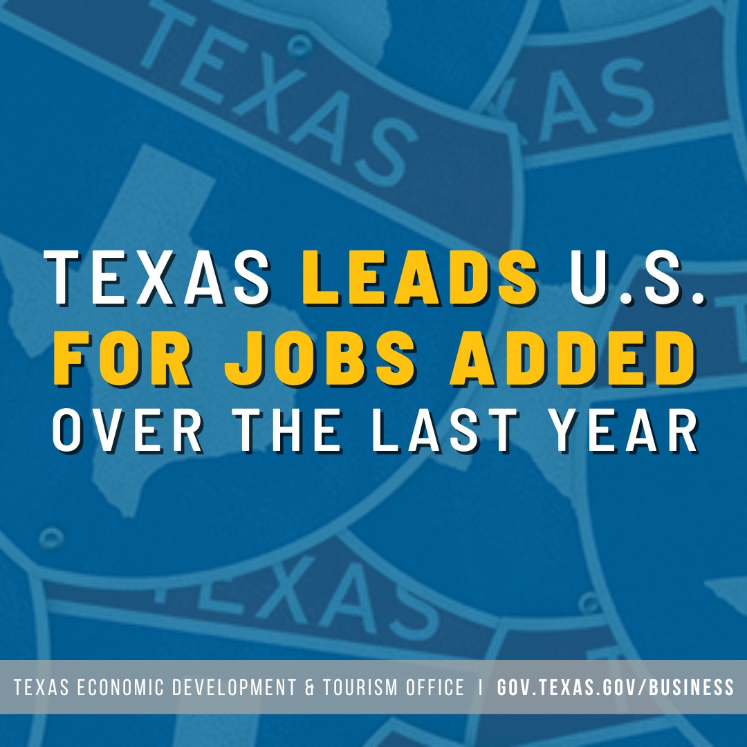 Texas is the #1 state for jobs added over the year! Texas added 232,500 jobs over the last 12 months, outpacing the U.S. annual job growth rate. More here: bit.ly/45UQFSe #TexasJobs